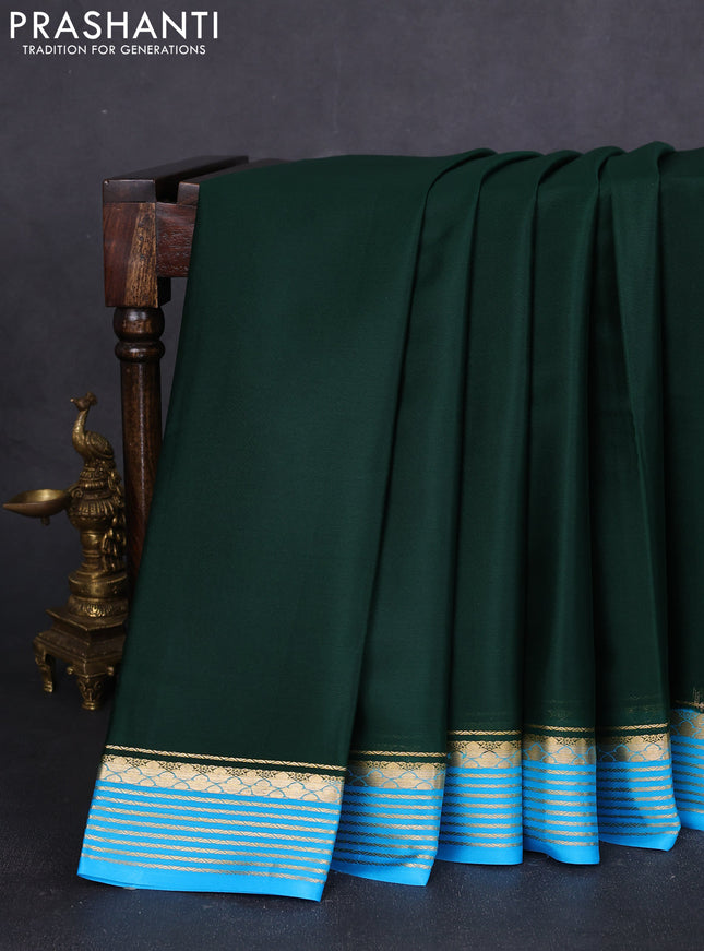 Pure mysore silk saree bottle green and teal blue with plain body and zari woven border