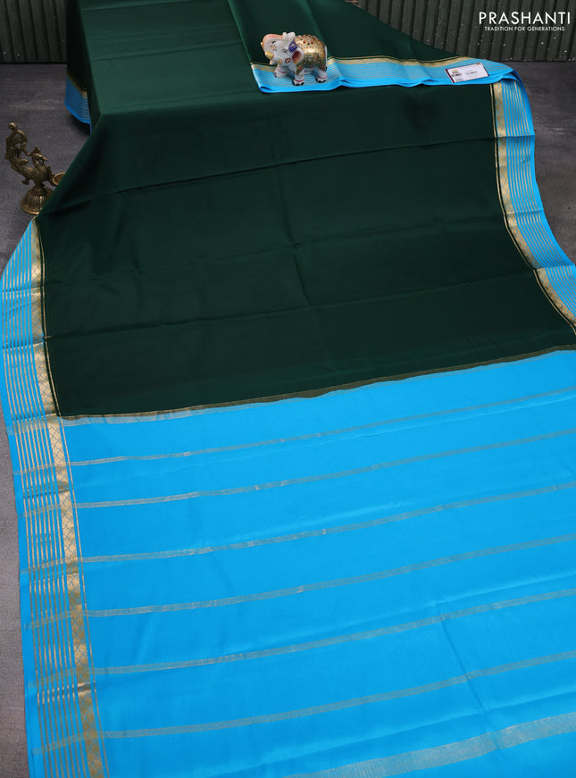 Pure mysore silk saree bottle green and teal blue with plain body and zari woven border