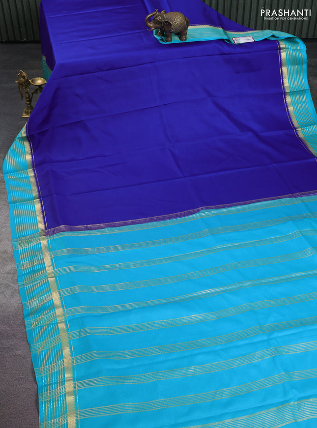 Pure mysore silk saree royal blue and teal blue with plain body and zari woven border