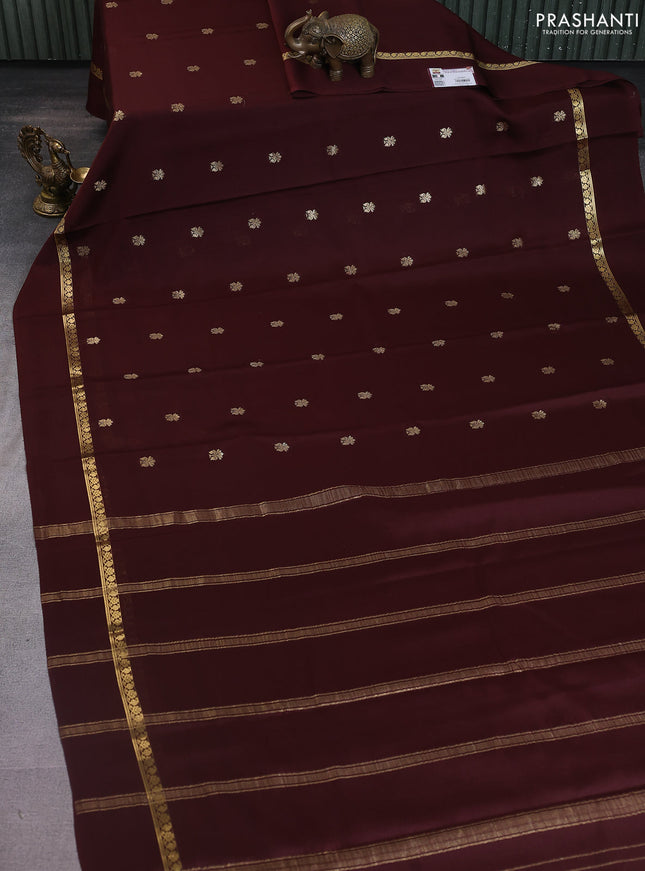 Pure mysore silk saree brown with zari woven buttas and zari woven simple border