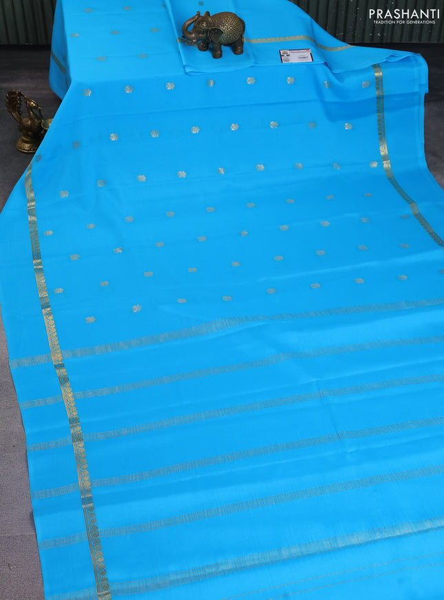 Pure mysore silk saree teal blue with zari woven buttas and zari woven simple border