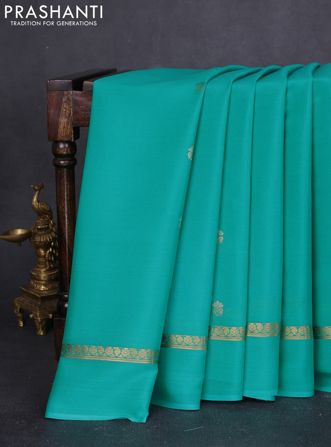 Pure mysore silk saree teal green with zari woven buttas and zari woven simple border