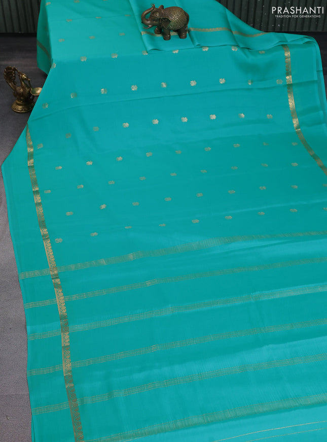 Pure mysore silk saree teal green with zari woven buttas and zari woven simple border
