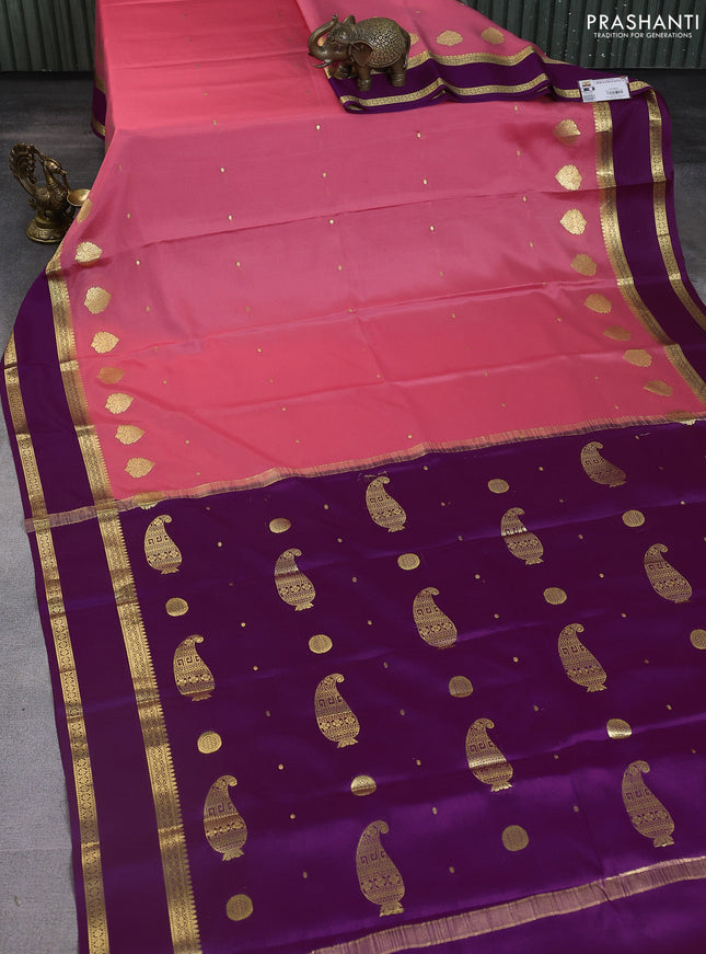Pure mysore silk saree peach pink and purple with zari woven buttas and rettapet zari woven border