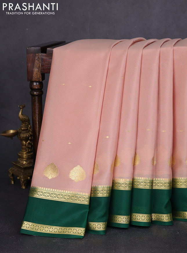 Pure mysore silk saree sandal and green with zari woven buttas and rettapet zari woven border