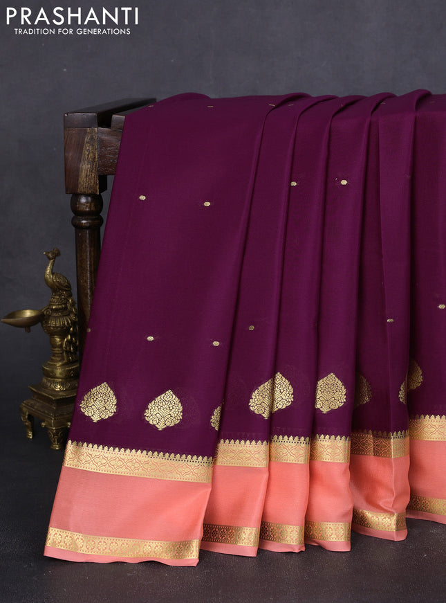 Pure mysore silk saree purple and pale orange with zari woven buttas and rettapet zari woven border