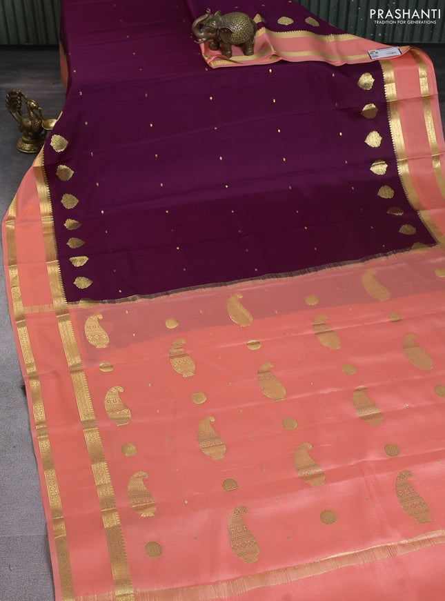 Pure mysore silk saree purple and pale orange with zari woven buttas and rettapet zari woven border