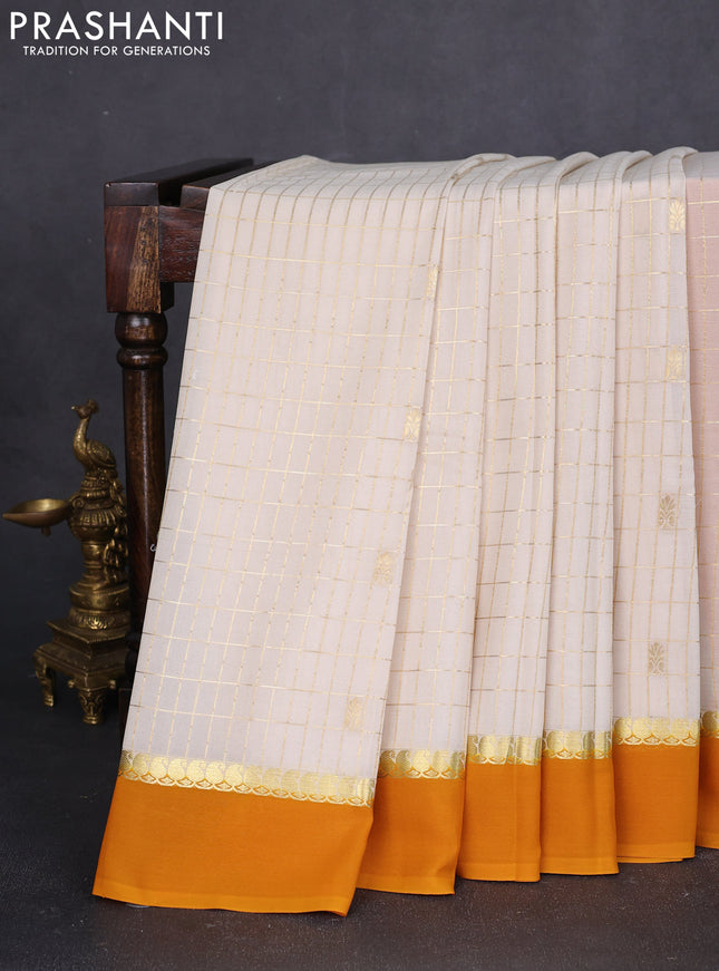 Pure mysore silk saree cream and mustard yellow with allover zari checked pattern and paisley zari woven simple border