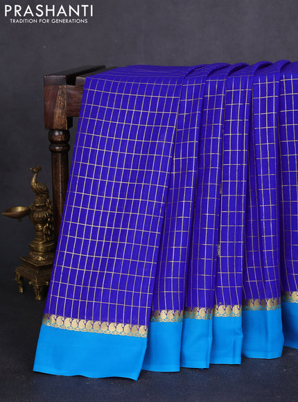 Pure mysore silk saree royal blue and cs blue with allover zari checks & buttas and paisley zari woven simple border