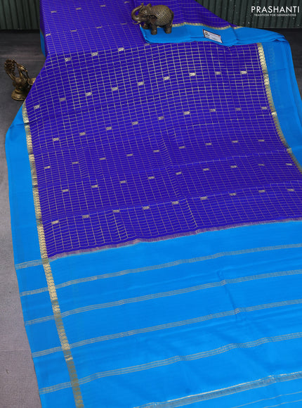 Pure mysore silk saree royal blue and cs blue with allover zari checks & buttas and paisley zari woven simple border