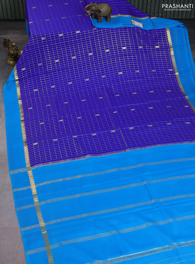 Pure mysore silk saree royal blue and cs blue with allover zari checks & buttas and paisley zari woven simple border