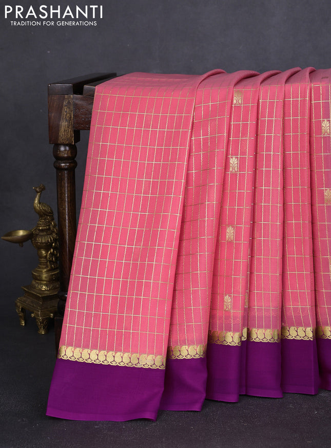 Pure mysore silk saree peach pink and purple with allover zari checked pattern and paisley zari woven simple border