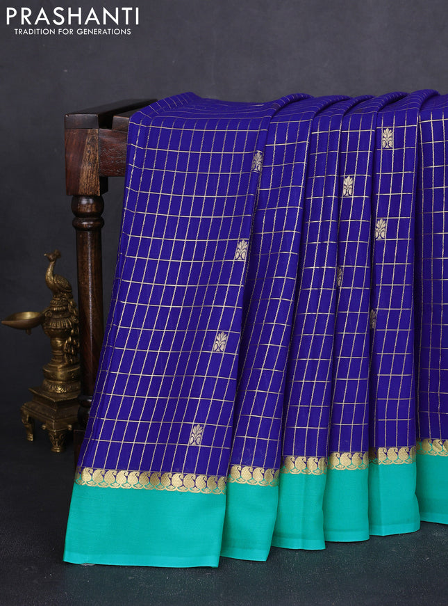 Pure mysore silk saree blue and teal green with allover zari checked pattern and paisley zari woven simple border
