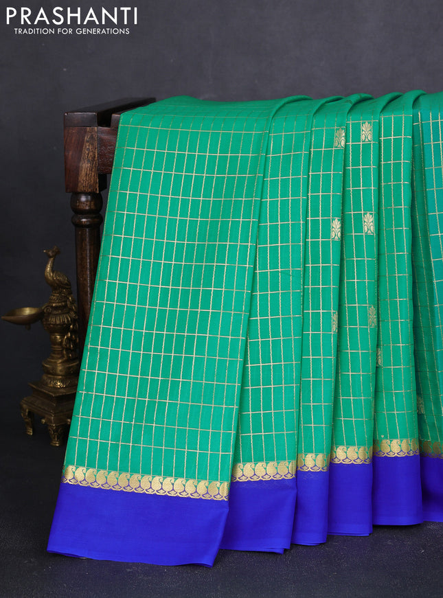 Pure mysore silk saree teal green and blue with allover zari checks & buttas and paisley zari woven simple border