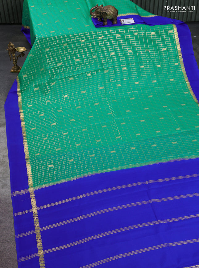 Pure mysore silk saree teal green and blue with allover zari checks & buttas and paisley zari woven simple border
