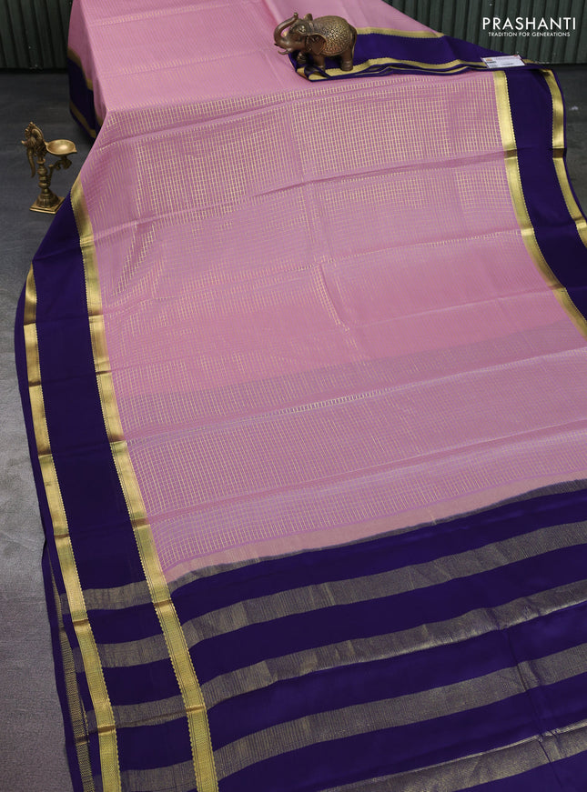 Pure mysore silk saree pastel pink and navy blue with allover zari small checked pattern and rettapet zari woven border