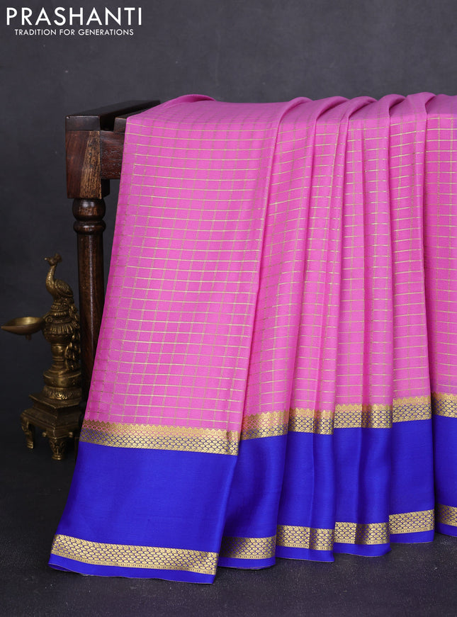 Pure mysore silk saree light pink and blue with allover zari checked pattern and rettapet zari woven border