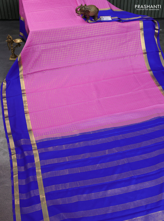 Pure mysore silk saree light pink and blue with allover zari checked pattern and rettapet zari woven border
