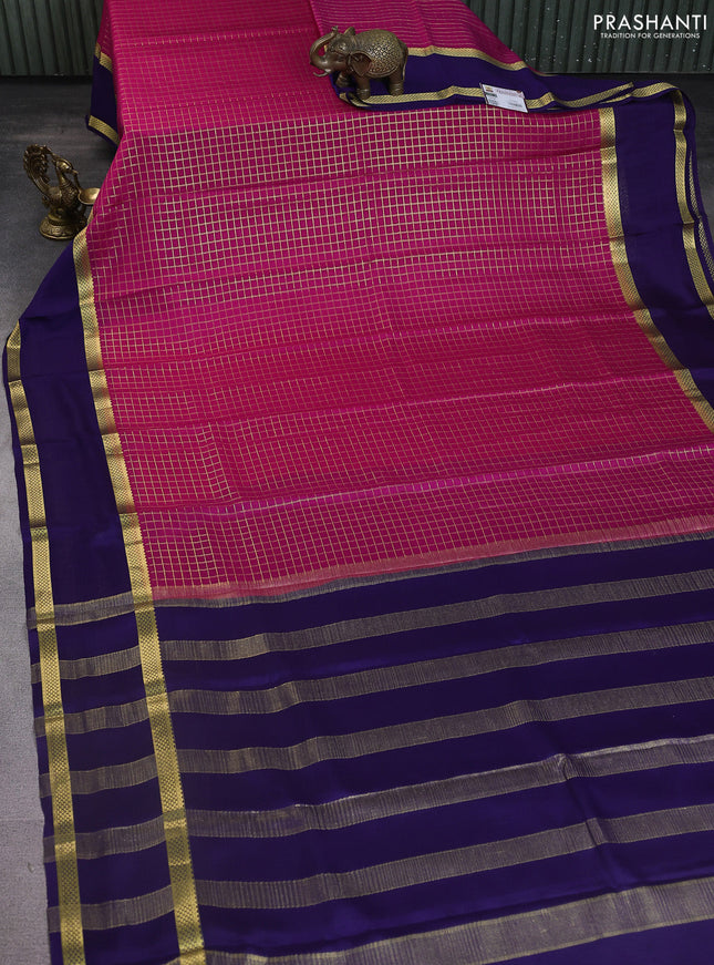 Pure mysore silk saree pink and navy blue with allover zari checked pattern and rettapet zari woven border