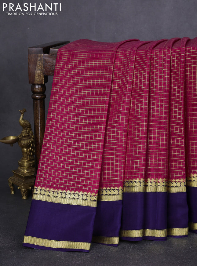 Pure mysore silk saree magenta pink and navy blue with allover zari checked pattern and rettapet zari woven border