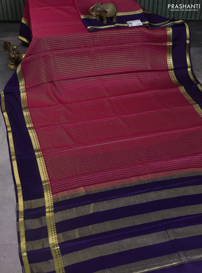 Pure mysore silk saree magenta pink and navy blue with allover zari checked pattern and rettapet zari woven border