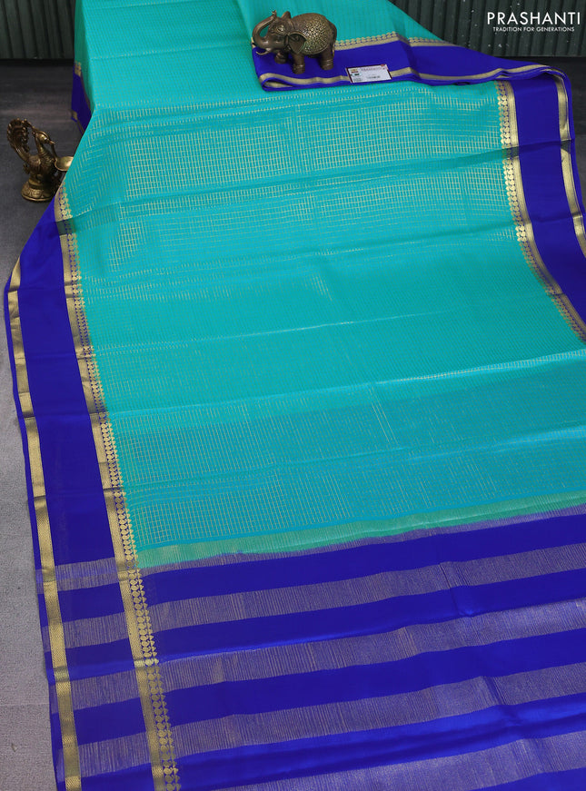 Pure mysore silk saree teal green and royal blue with allover zari checked pattern and rettapet zari woven border