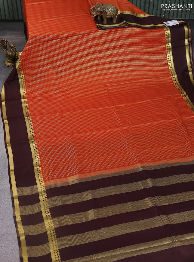Pure mysore silk saree rustic orange and brown with allover zari checked pattern and rettapet zari woven border