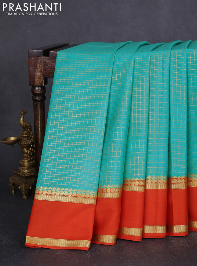 Pure mysore silk saree teal green and orange with allover zari checked pattern and rettapet zari woven border