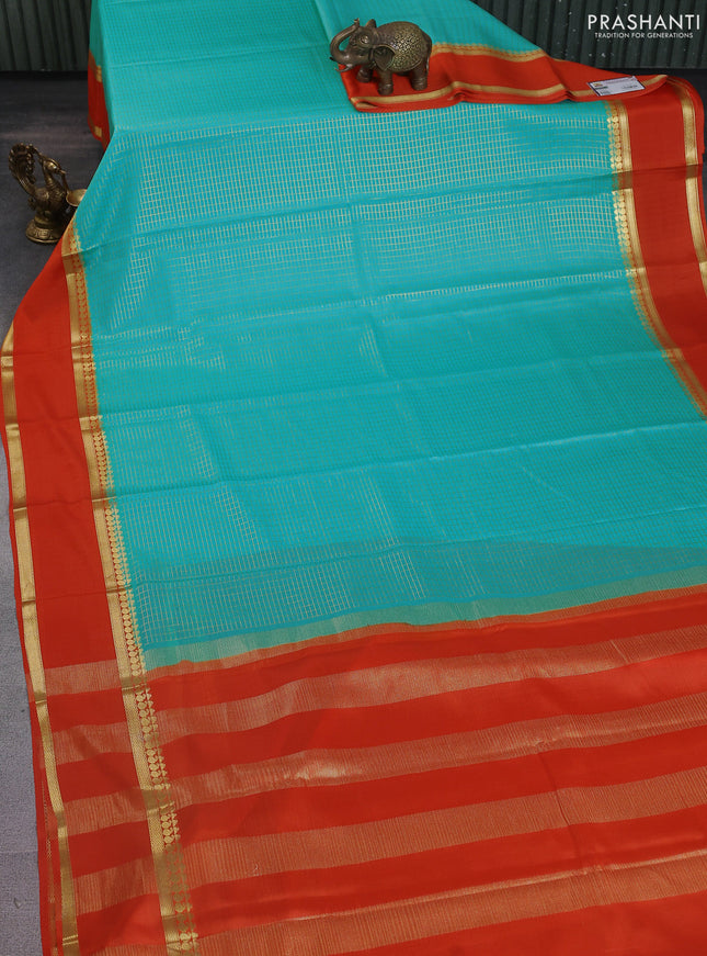 Pure mysore silk saree teal green and orange with allover zari checked pattern and rettapet zari woven border