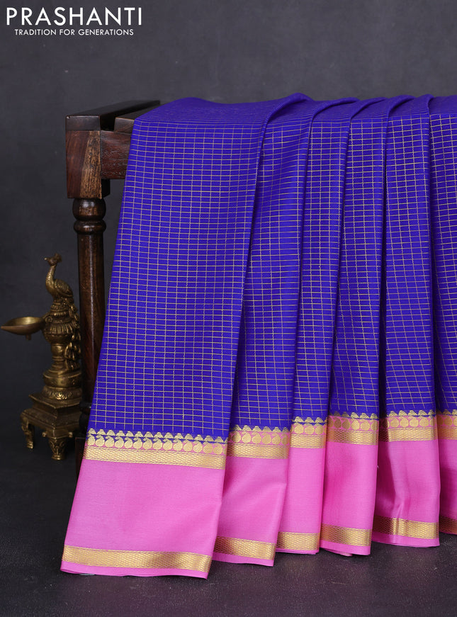 Pure mysore silk saree royal blue and light pink with allover zari checked pattern and rettapet zari woven border