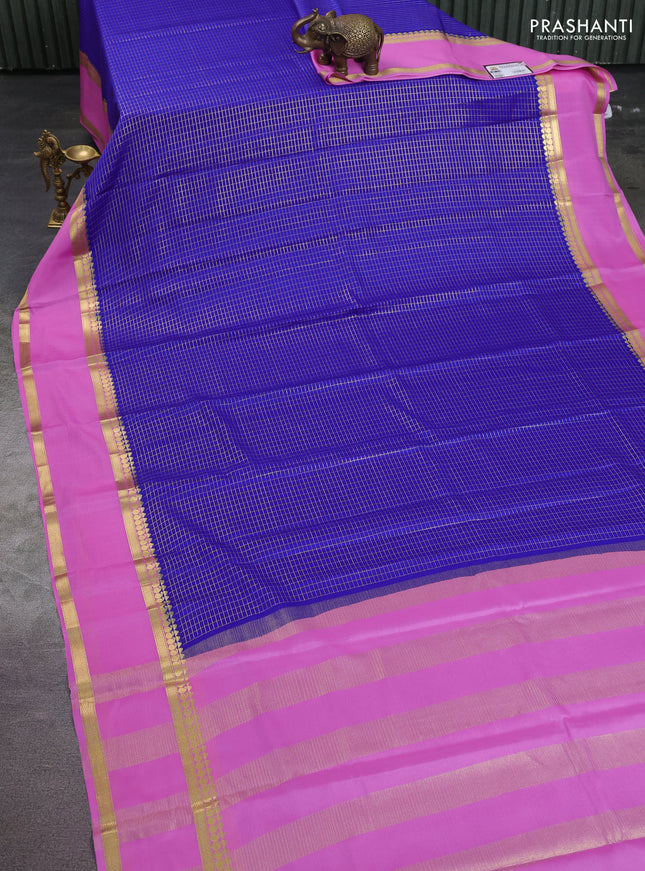 Pure mysore silk saree royal blue and light pink with allover zari checked pattern and rettapet zari woven border