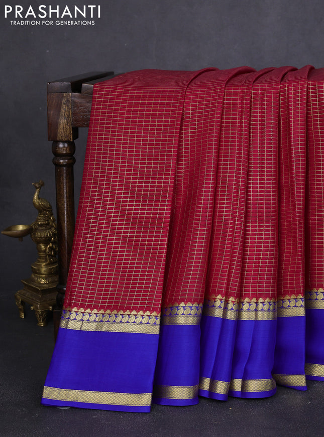 Pure mysore silk saree maroon and royal blue with allover zari checked pattern and rettapet zari woven border