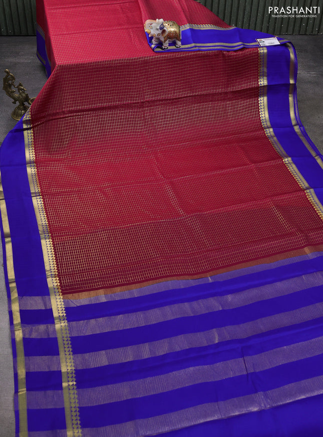Pure mysore silk saree maroon and royal blue with allover zari checked pattern and rettapet zari woven border