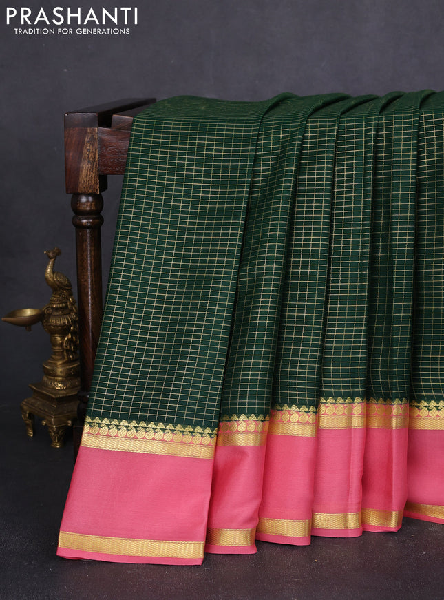 Pure mysore silk saree bottle green and pastel pink with allover zari checked pattern and rettapet zari woven border