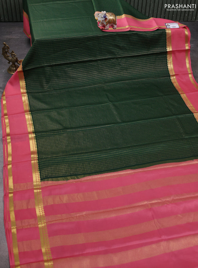 Pure mysore silk saree bottle green and pastel pink with allover zari checked pattern and rettapet zari woven border
