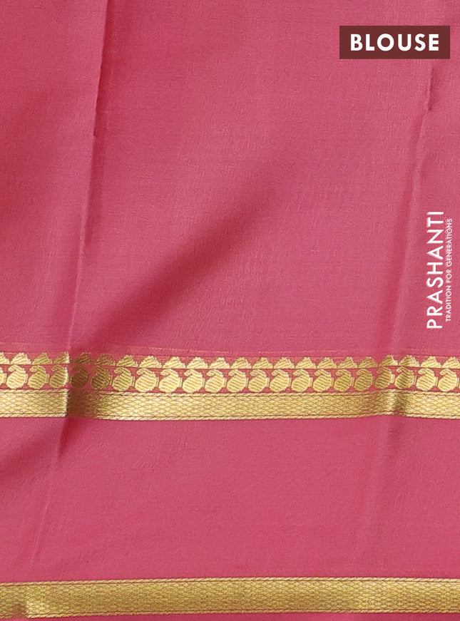 Pure mysore silk saree bottle green and pastel pink with allover zari checked pattern and rettapet zari woven border