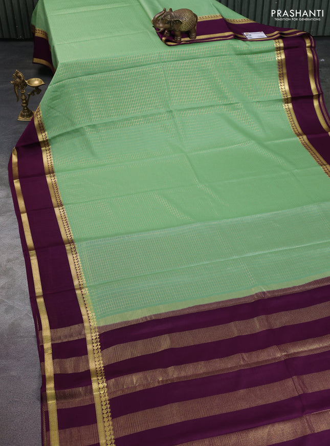 Pure mysore silk saree pista green and purple with allover zari checked pattern and rettapet zari woven border