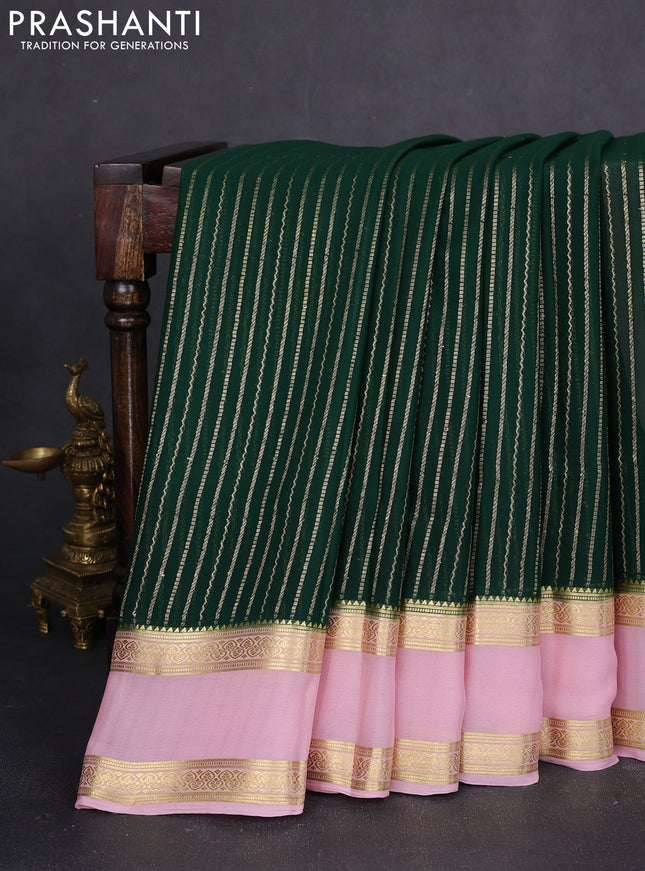 Pure mysore silk saree bottle green and pastel pink with allover zari stripes pattern and rettapet zari woven border