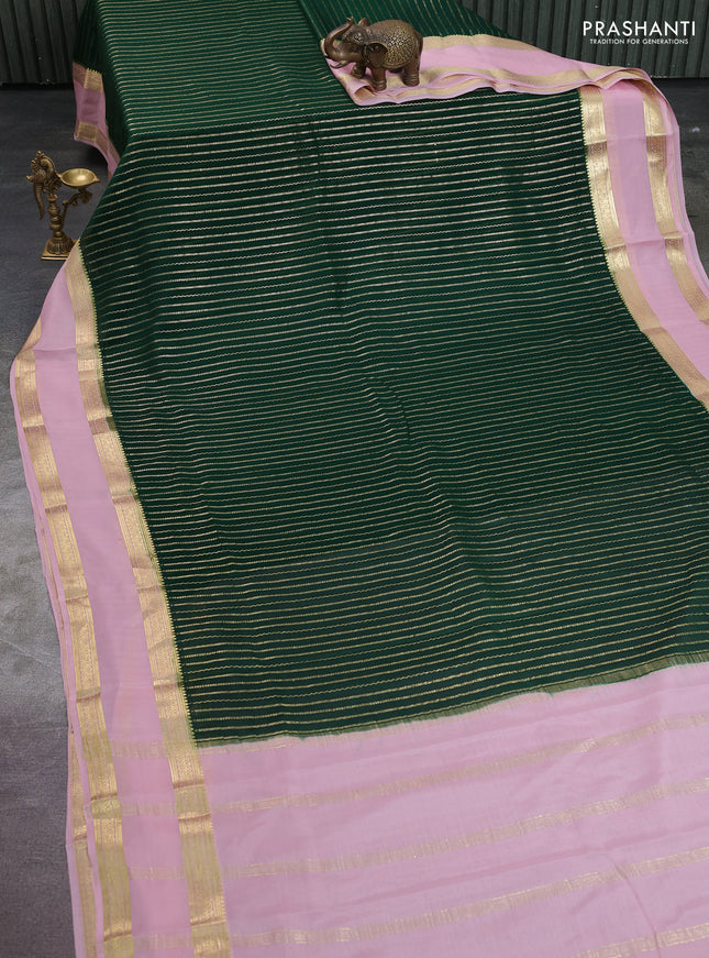 Pure mysore silk saree bottle green and pastel pink with allover zari stripes pattern and rettapet zari woven border