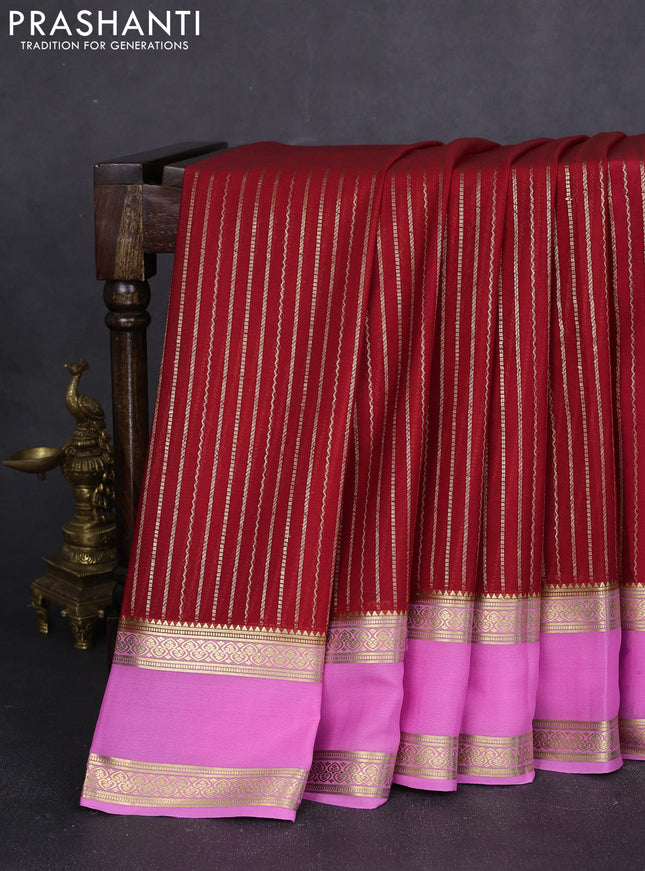 Pure mysore silk saree red and light pink with allover zari stripes pattern and rettapet zari woven border
