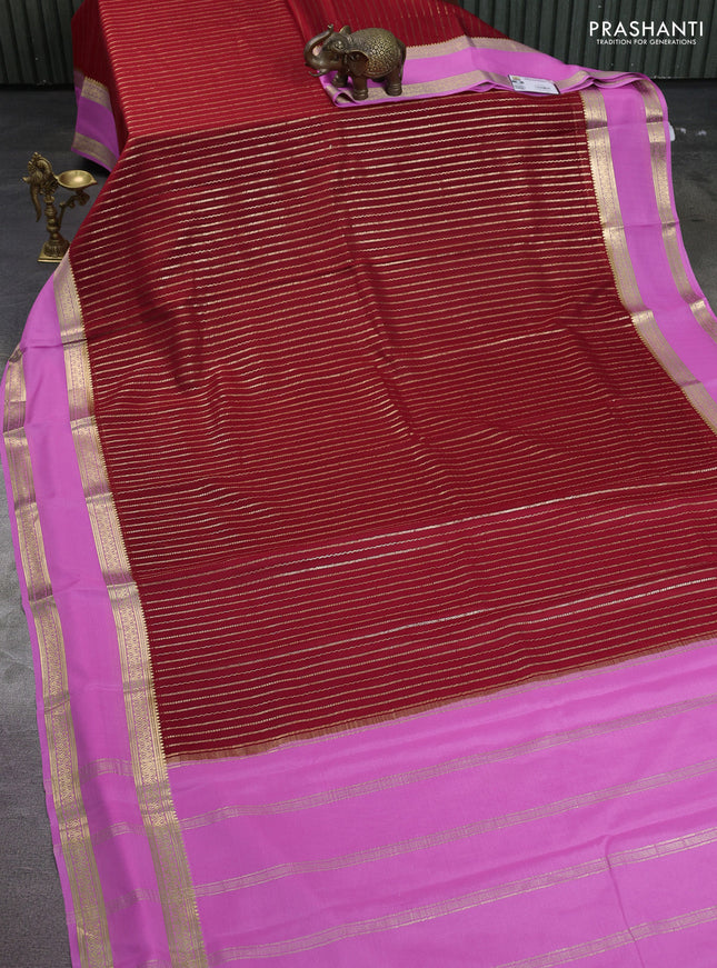 Pure mysore silk saree red and light pink with allover zari stripes pattern and rettapet zari woven border