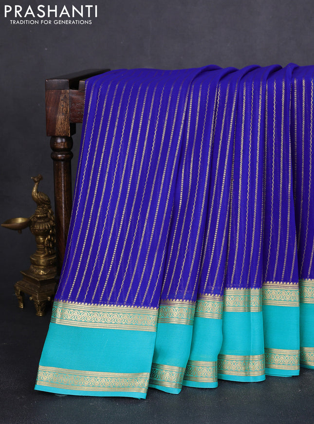 Pure mysore silk saree royal blue and teal blue with allover zari stripes pattern and rettapet zari woven border