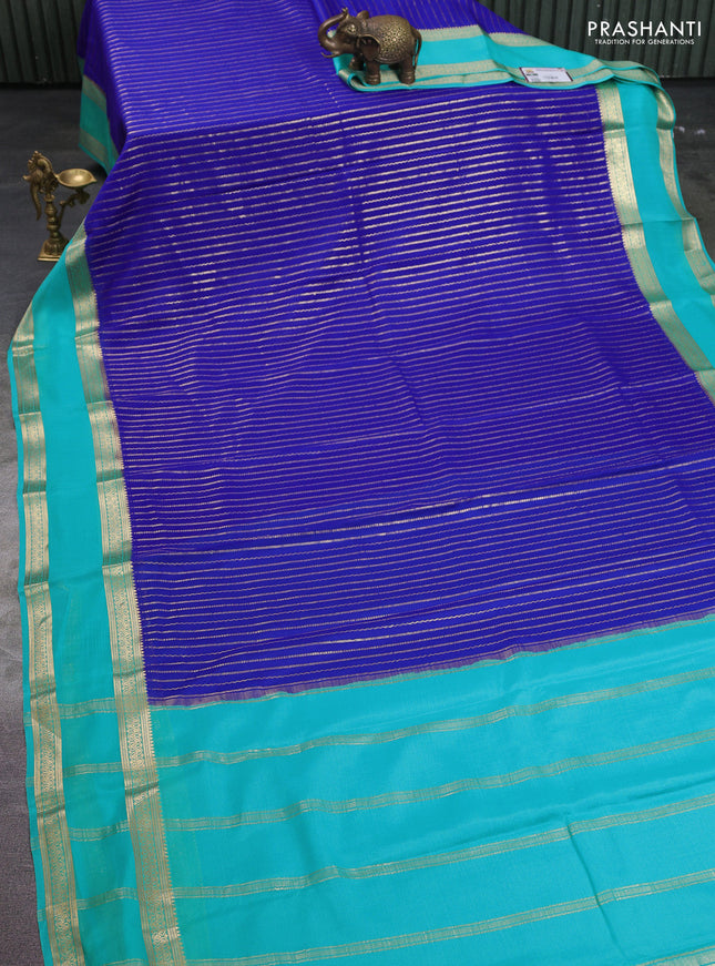 Pure mysore silk saree royal blue and teal blue with allover zari stripes pattern and rettapet zari woven border