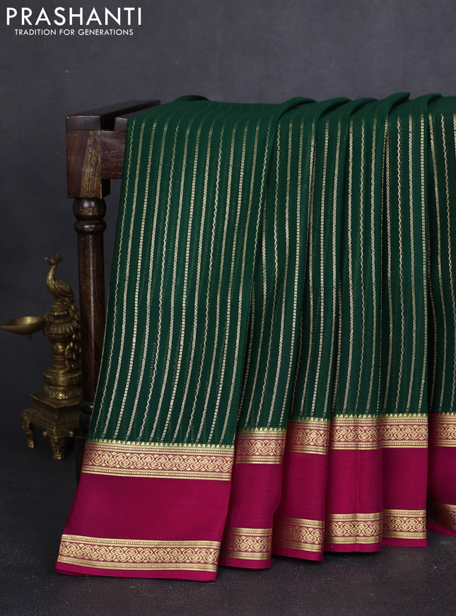 Pure mysore silk saree bottle green and pink with allover zari stripes pattern and rettapet zari woven border