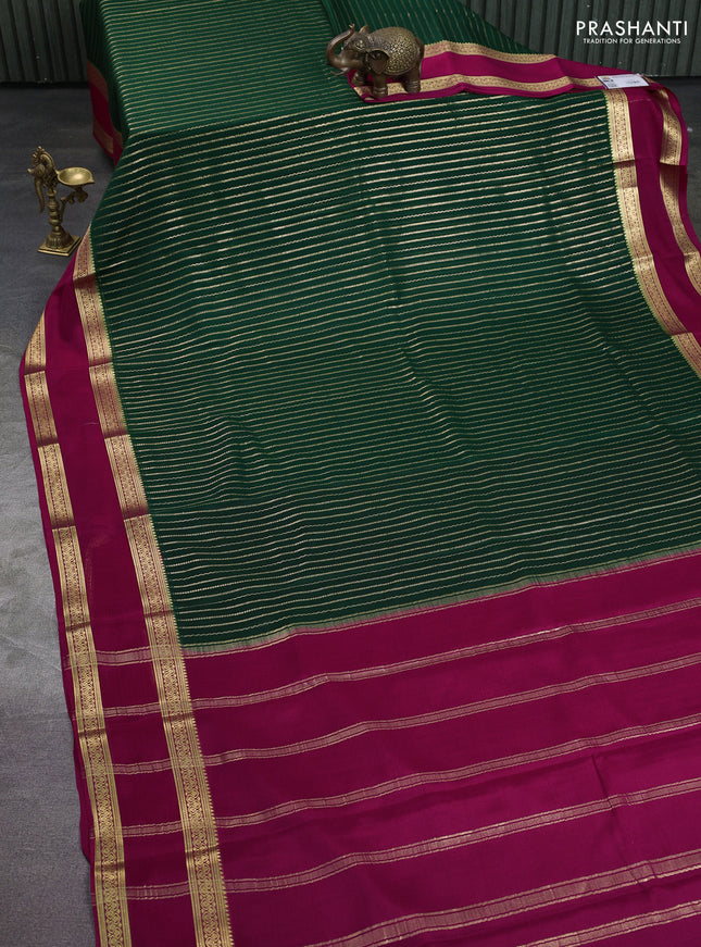 Pure mysore silk saree bottle green and pink with allover zari stripes pattern and rettapet zari woven border