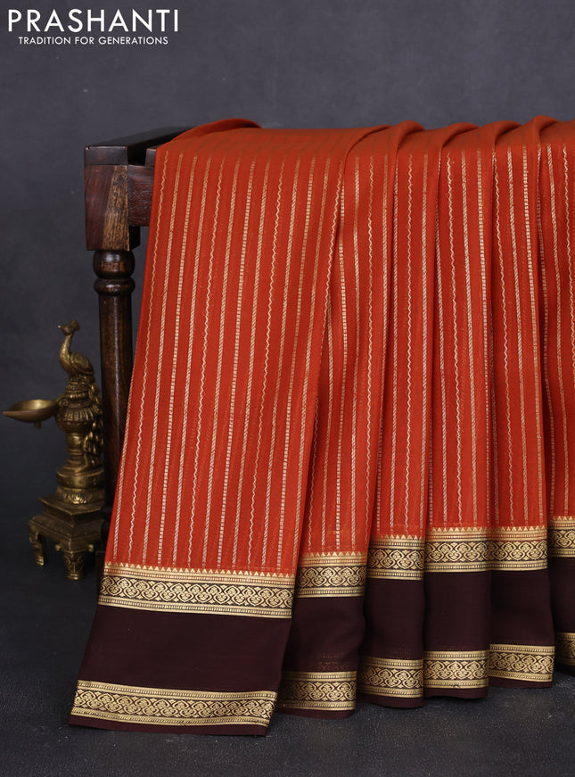 Pure mysore silk saree rustic orange and brown with allover zari stripes pattern and rettapet zari woven border