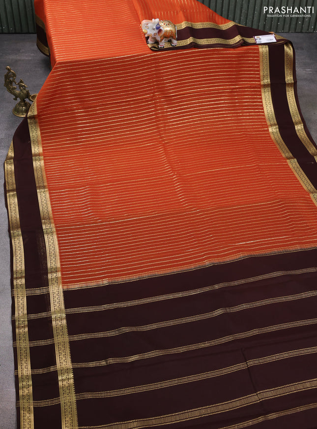 Pure mysore silk saree rustic orange and brown with allover zari stripes pattern and rettapet zari woven border