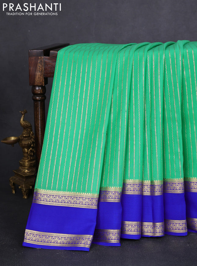 Pure mysore silk saree teal green and blue with allover zari stripes pattern and rettapet zari woven border