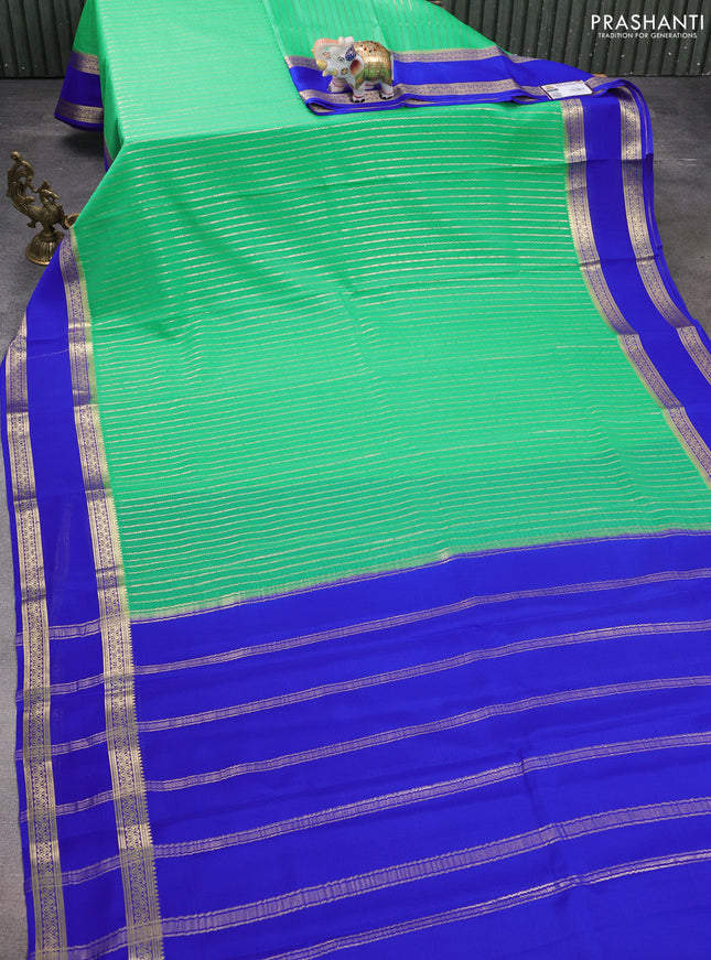 Pure mysore silk saree teal green and blue with allover zari stripes pattern and rettapet zari woven border