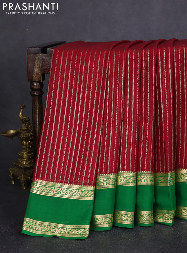 Pure mysore silk saree red and green with allover zari stripes pattern and rettapet zari woven border